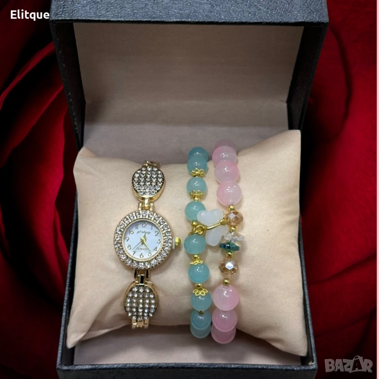 Елегантен дамски комплект аксесоари - часовник с камъни цирконии и 2 броя гривни с естествени камъни, снимка 1