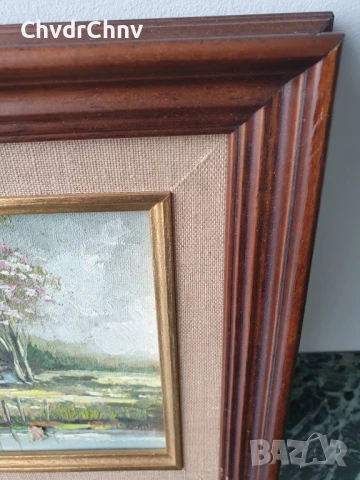 26х26см/малка картина масло върху платно-фазер/пейзаж-къща-дърво-река/дървена рамка, снимка 5 - Картини - 50471704