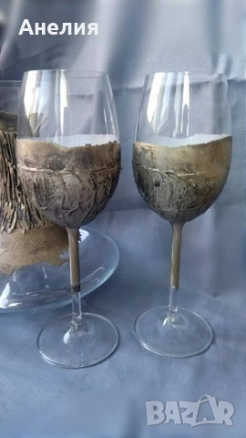 Комплект гарафа и 2 чаши за вино ръчна изработка , снимка 7 - Чаши - 53040005