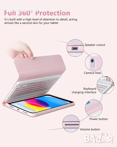 Калъф с безжична клавиатура за iPad Air 11" и iPad Air 10.9" – 7-цветна RGB подсветка, розов, снимка 5 - Калъфи, кейсове - 55817038