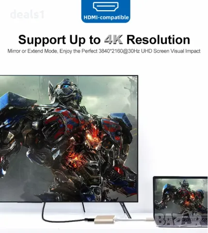 Зареждаща Станция 4K USB-C 3.0 3в1 Type-C към HDMI, USB 3.0 Адаптер и Сплитер , снимка 9 - Друга електроника - 49466063