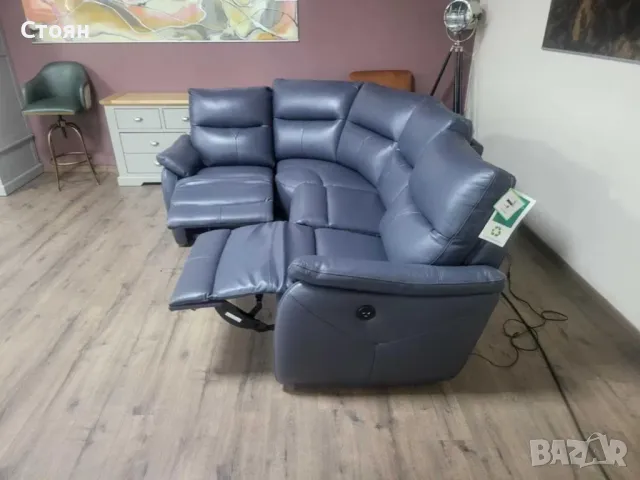 ПРОМОЦИЯ!!! Син кожен ъглов диван "Albion" с електрически релаксиращ механизъм, снимка 4 - Дивани и мека мебел - 47582492
