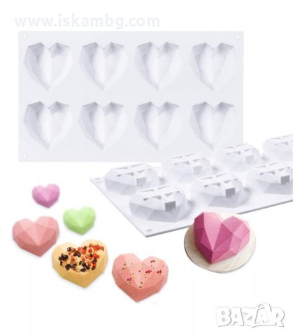 СИЛИКОНОВА ФОРМА ЗА 8 БР. ДИАМАНТЕНИ СЪРЦА - код 3153, снимка 3 - Форми - 33889245