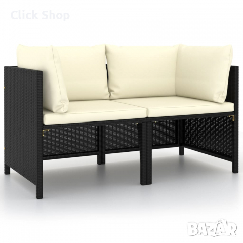 2-местен градински диван с възглавници, черен полиратан