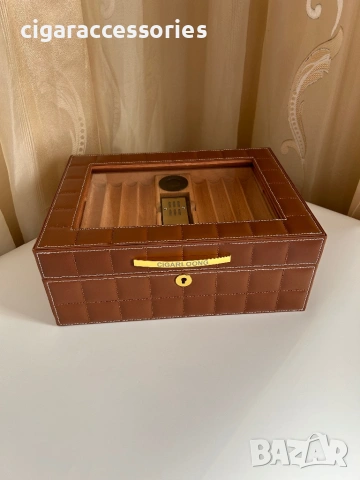 Хумидор за 50 пури – кедър, кожа, стъкло, дигитален хигрометър