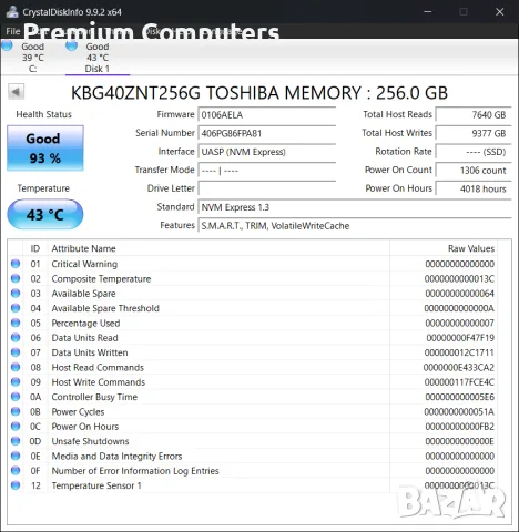 ССД/SSD Toshiba 256GB M.2 NVMe 2230 - 93%, снимка 2 - Твърди дискове - 56025010