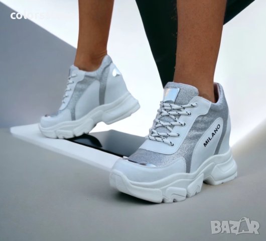 Кецове на платформа - бяло и сребрист брокат с бяло ходило - PA40