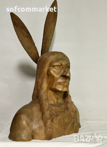 Масивна дърворезба „Индиански вожд“ – 85 см, Ръчна изработка, снимка 2 - Статуетки - 53889540