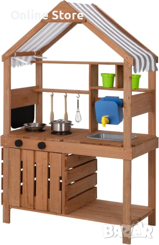 Детска дървена кухня OOOK с навес – масивна ела, аксесоари, за 3+ години