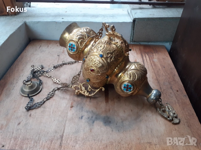 Огромно старо висящо кандило емайл и стъкла кадило тамянник, снимка 4 - Антикварни и старинни предмети - 54220475