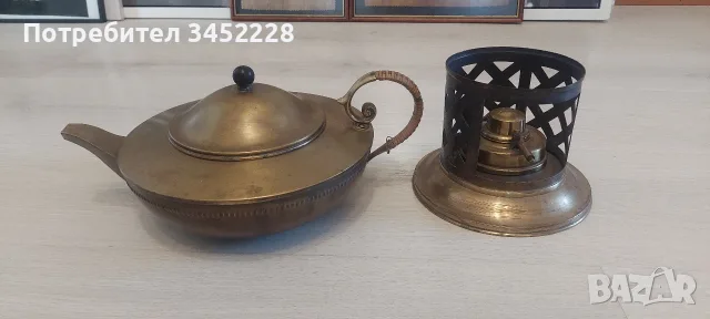 Старинен  чайник с поставка и спиртник месинг за ценители , снимка 3 - Антикварни и старинни предмети - 55960233