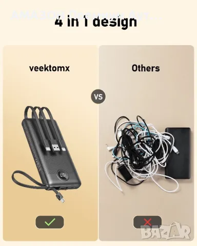 VEEKTOMX 10000mAh Power Bank с вградени кабели за iPhone/Android,тънка/бързо зареждане/USB-C, снимка 3 - Външни батерии - 48963615