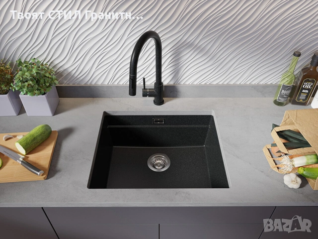 Графит кухненска мивка за вграждане под плот Прага 60 Level 560 x 470 мм, снимка 3 - Мивки - 53986231
