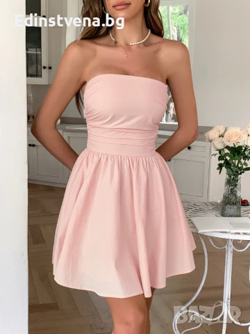 Дамска елегантна розова къса рокля без презрамки, с голяма панделка на гърба, снимка 3 - Рокли - 50820080