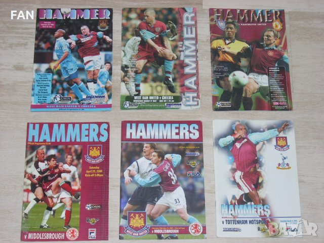 Уест Хям Юнайтед оригинални стари футболни програми от 1995, 1997, 1998, 2000, 2002, 2003 г.