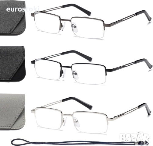 Hubeye 3 бр. Очила за четене с половин рамка за мъже и жени, метална рамка, пружинни панти, блокиран
