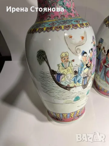 Двойка големи, китайски, порцеланови вази Qianlong Famille Rose Mandarin, снимка 4 - Колекции - 48238430