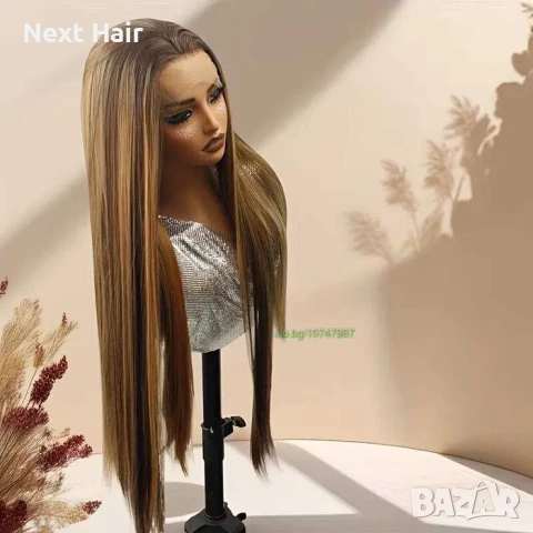 80 см блясък Кестенява синтетична перука с руси кичури и дантела 13×4