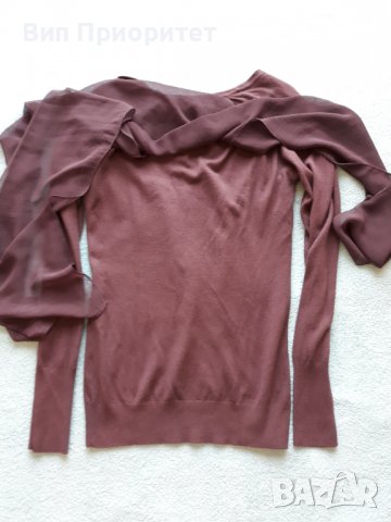 Меко плетиво с вграден фин шал от същия цвят-лилав издържан тъмен цвят, дълъг ръкав, ефектен модел, снимка 5 - Блузи с дълъг ръкав и пуловери - 37417986