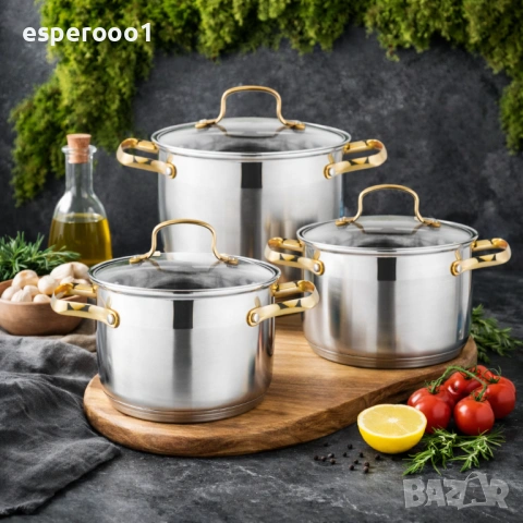 Луксозен комплект тенджери от неръждаема стомана със златисти дръжки , снимка 2 - Съдове за готвене - 53055886