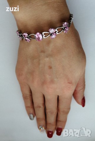 Елегантна твърда гривна с розови циркони,925 сребро. , снимка 3 - Гривни - 39017740