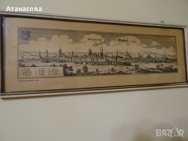 Стара немска гравюра на град Мюлхаузен през 1645 г картина, снимка 2 - Картини - 54002405
