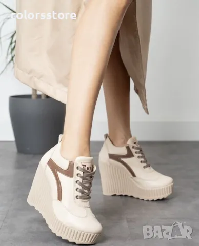 Кецове на платформа - бежова кожа с кафява лента и бежово ходило - NO4