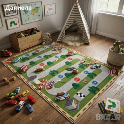 Детски килим за игра 120х160см - Тъмнозелен килим с автописта, противоплъзгащ и миещ се, снимка 2 - Други стоки за дома - 53882053