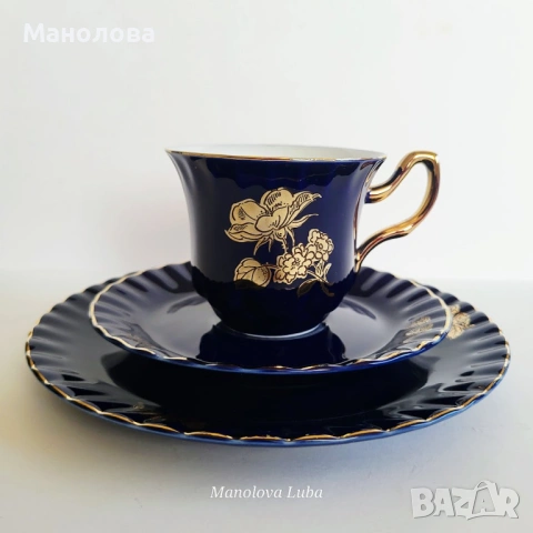 Кобалтово сини ваза Porzellanfabrik Waldsassen Bareuther & Co. AG и троен комплект , снимка 6 - Други ценни предмети - 54142289