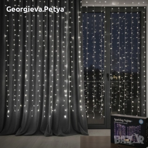 Коледна украса - LED светеща завеса, 300x60 см. Цветове - жълт и многоцветен Дебел кабел