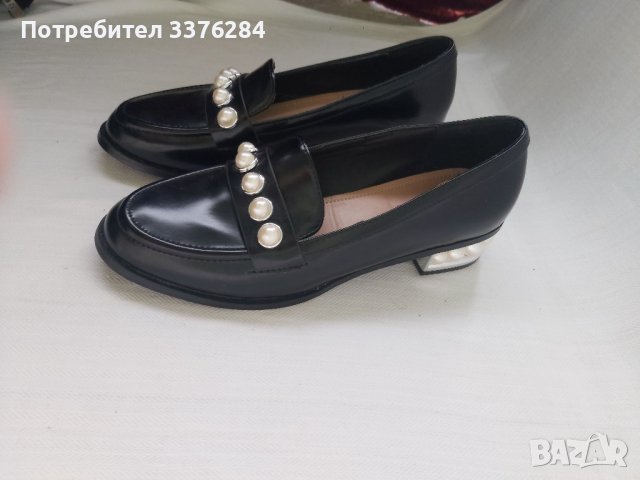НОВИ Черни кожени елегантни обувки с перли, снимка 4 - Дамски елегантни обувки - 40488526
