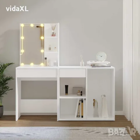 vidaXL LED тоалетка с шкаф, бяла, инженерно дърво, снимка 4 - Тоалетки - 56146550