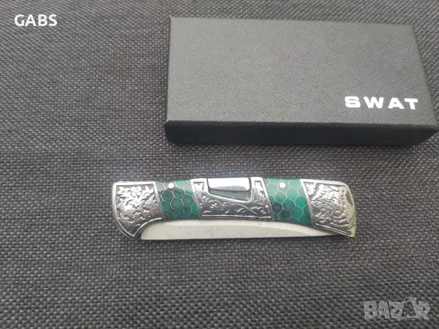 Сгъваем фосфоресциращ нож,дамаска стомана с гравирана дръжка SWAT, снимка 6 - Ножове - 49867746