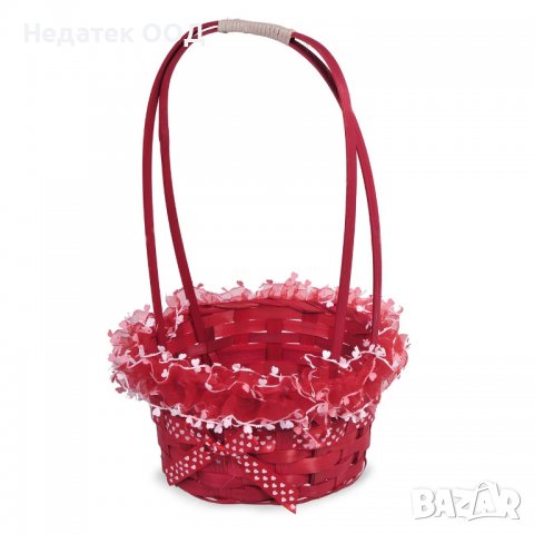 Великденска декорация, Плетена кошница с панделка и тюл, Червена, 23x35см
