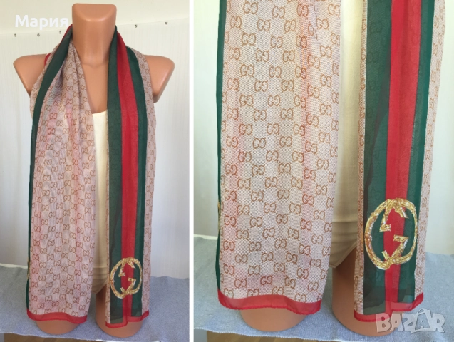 Нов Дамски Шал Gucci Прозрачен Лого Гучи Бежов Червен Зелен, снимка 13 - Шалове - 51826454
