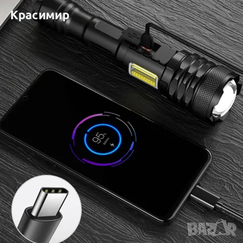 Фенер Мощен Акумулаторен, снимка 6 - Прожектори - 49649477