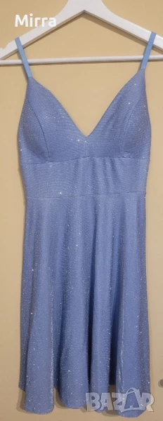 Къса синя бутикова рокля с брокат, снимка 1