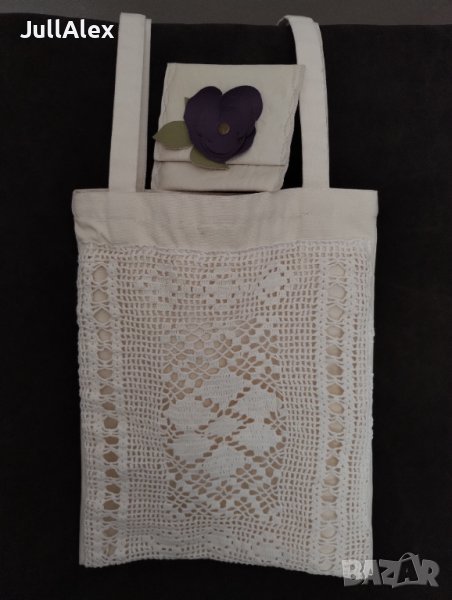 Дамска чанта от плат, тип торба ,с плетена дантела, снимка 1