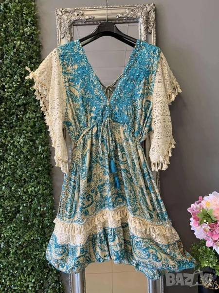 копринена рокля с бродерия и дантела , снимка 1