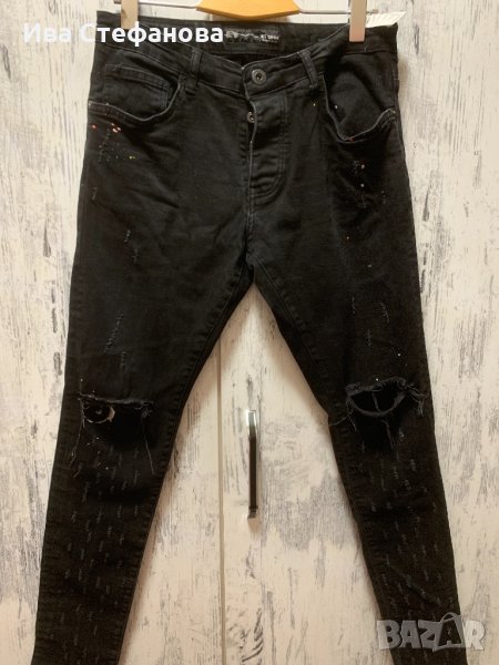 Черни накъсани колена дънки унисекс модел , снимка 1