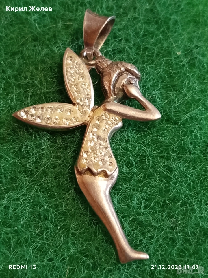 Сребърен медальон с формата на фея Tinkerbell Swarovski инкрустирана с блестящи кристали 18654, снимка 1