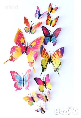 3D 12 бр pvc нежни цветни магнитни и самозалепващи пеперуди декорация за стена и мебел, снимка 1