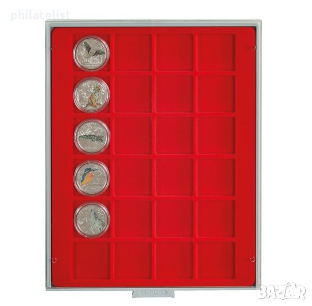 Lindner MB кутия в червен цвят PVC за 24 монети в капсули, снимка 1