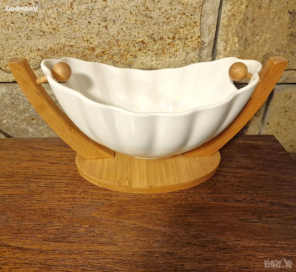 Керамична купа с дървена стойка, снимка 1
