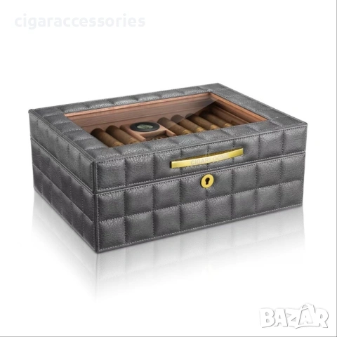 Хумидор за 50 пури – кедър, кожа, стъкло, дигитален хигрометър, снимка 3 - Табакери - 53924157