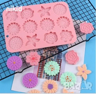 12 цветя цвете роза маргаритка силиконов молд форма фондан гипс шоколад декор бонбони