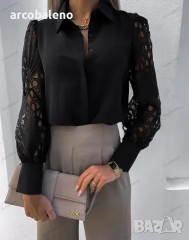 Дамска риза с дълъг ръкав с дантелен панел, 2цвята , снимка 2 - Ризи - 48426558