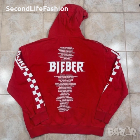 Мъжки суичър с качулка Team Bieber Justin Bieber 2017 Tour, червен, памучен, размер L, снимка 6 - Суичъри - 52796488