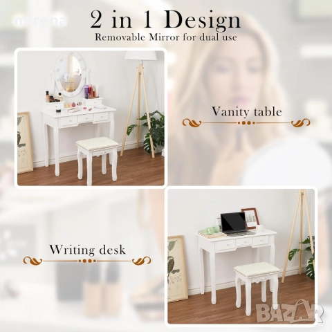 Тоалетка за грим с осветление, винтидж, комплект огледало и табуретка, снимка 5 - Тоалетки - 51546763