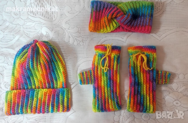 Комплект, лот шапка, ръкавици без пръсти, и лента за глава, нов, ръчно плетиво , снимка 3 - Шапки - 52865882